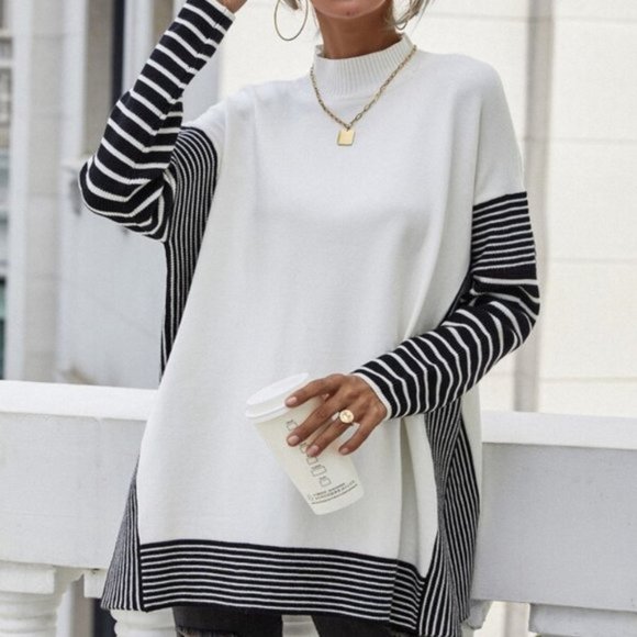 Sweaters - Mock Neck Striped Pattern Dolman Sleeve Split Hem